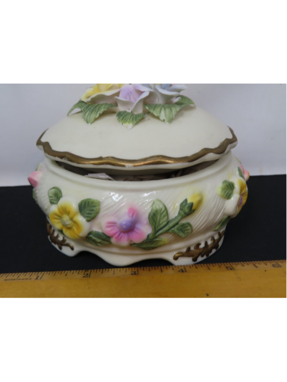 Vintage Floral Porcelain Trinket Box: Hand-Painted Roses Gold Trim spaghetti